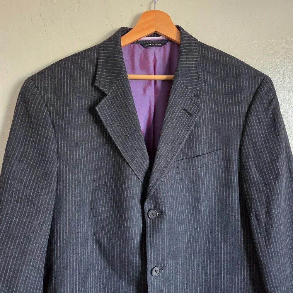 Banana Republic Vintage Y2K 100% Linen Pinstripe Blazer Black 44R Purple Lining